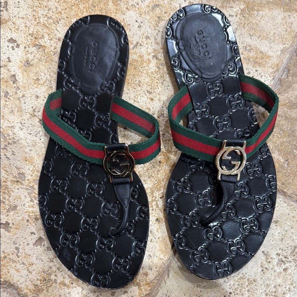 Gucci Black Sandals with Red and Green Straps